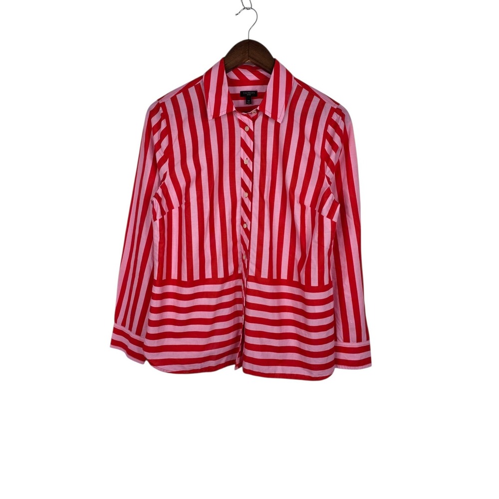 Talbots Shirt Women MP Red Pink Cotton Striped Button Down Collar Classic Chic
